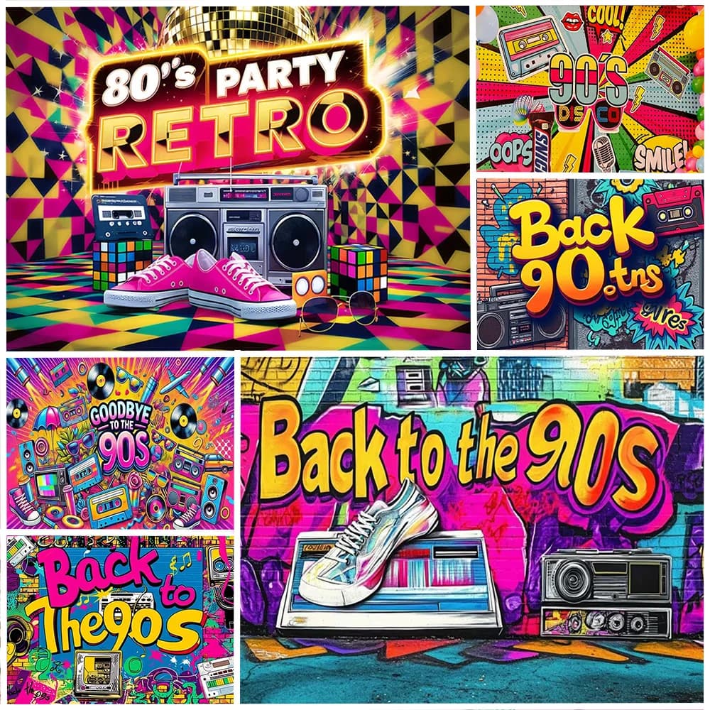 Retro Ritorno agli anni '80 anni '90 Musica Decorazione per feste in discoteca Sfondo Neon Light Graffiti Nastri Sfondo in mattoni Forniture per studio fotografico