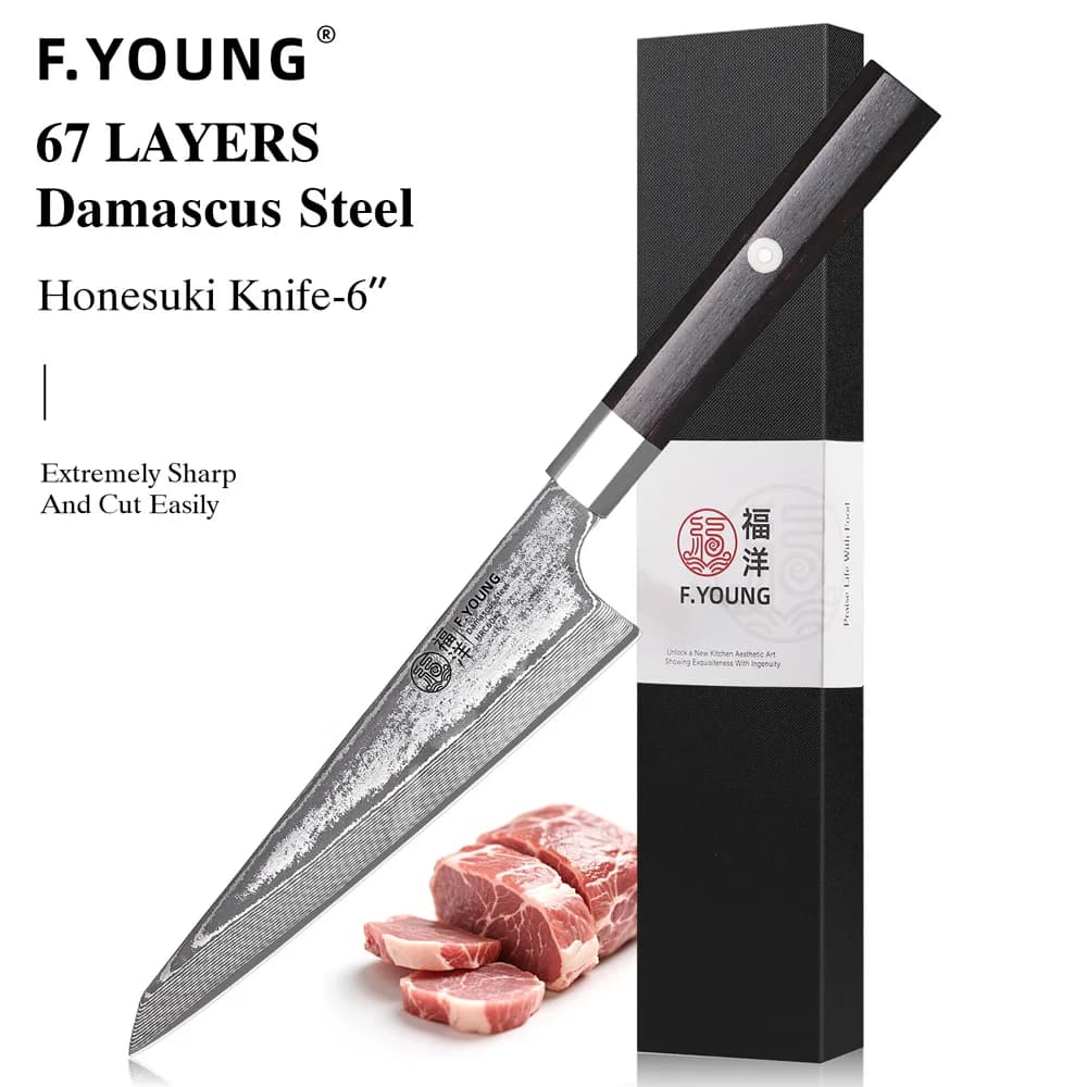 Coltello da Chef Honesuki F.YOUNG 6 Pollici in Acciaio Damascato, Coltello Professionale da Cucina Giapponese Forgiato a Mano, Utensile Multiuso per Disossare e Cucinare