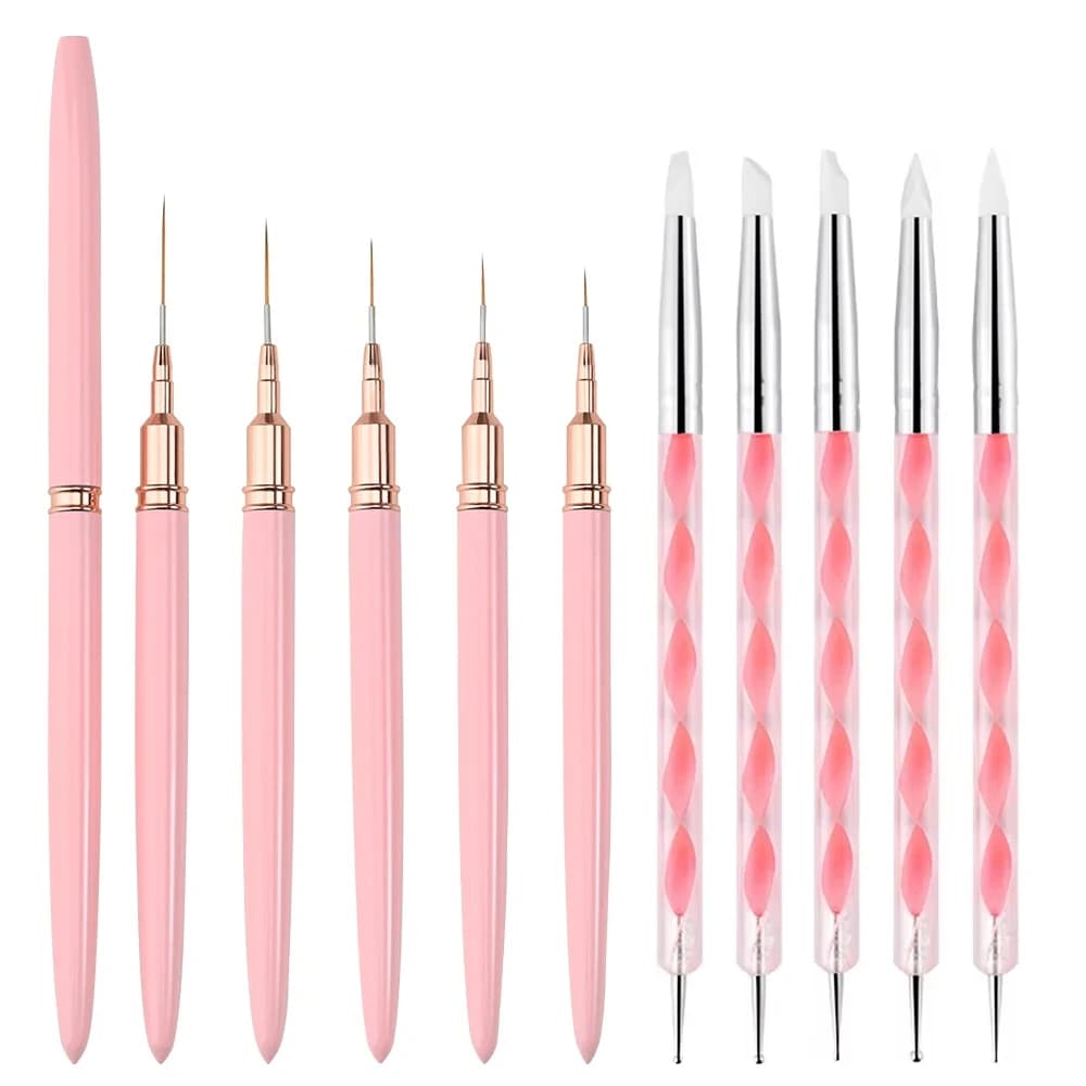 Set di 10 Pennelli per Unghie, Kit di Pennelli per Gel UV, Pennelli in Silicone per Decorazioni Floreali, Strumenti per Disegno e Pittura di Linee e Strisce Francesi