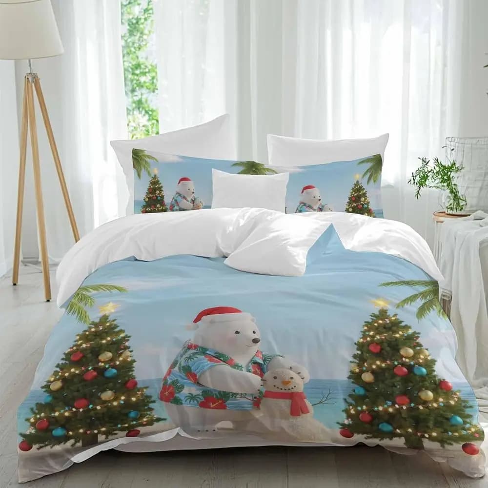 Set di lenzuola con orso polare, alberi di Natale e uomo costruente un orso polare sulla spiaggia, 4 pezzi, set copripiumino traspirante, biancheria da letto accogliente