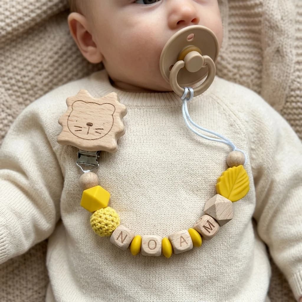 Mittsboy Custom Name Baby Pacifier Clip Wooden Lion Dummy Chain Silicone Leaf Teether Holder Handmade BPA Free Shower Gift