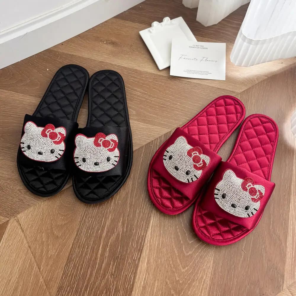 Ciabatte piatte da donna Sanrio Hello Kitty con strass, ciabatte estive a cartone animato, sandali da casa carini, antiscivolo con suola morbida