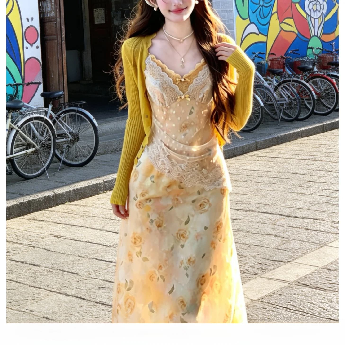 Korean Style Yellow Lace Floral Print Dress Set Spring Summer High Waist Long Skirt Sweet A-Line Midi Dress for Women