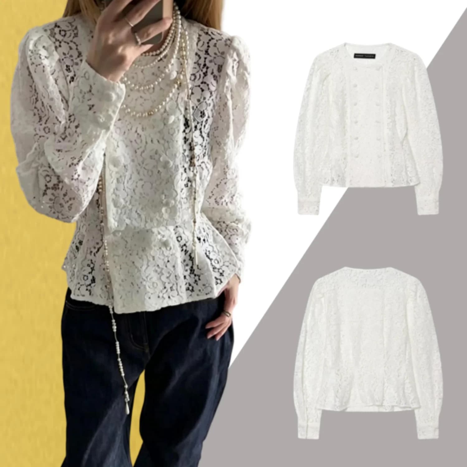 Giacca da donna in pizzo stile francese, romantica, decorata con ricami all'uncinetto, doppiopetto, maniche lunghe, scollo rotondo, plissettata
