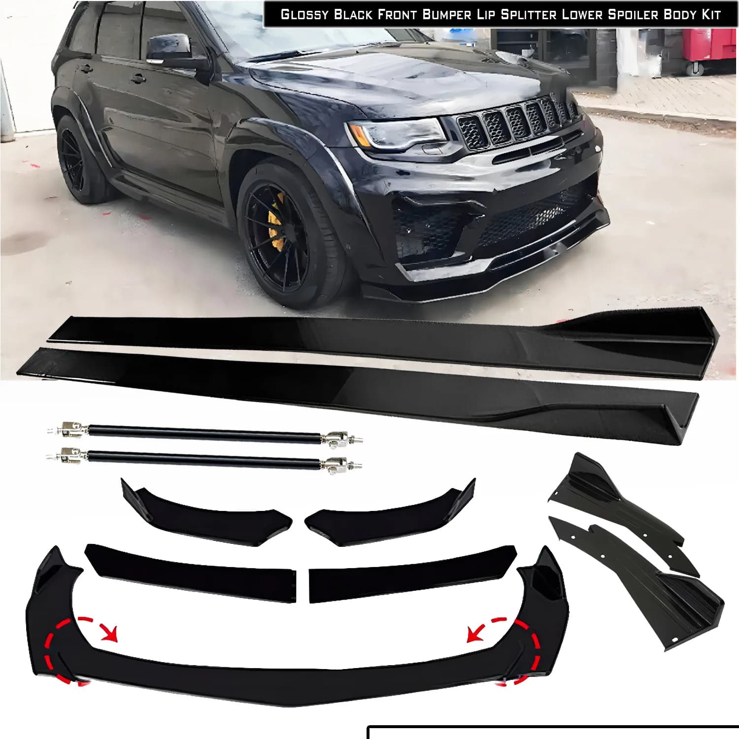 Spoiler Anteriore Nero Lucido per Jeep Grand Cherokee, Minigonna Laterale