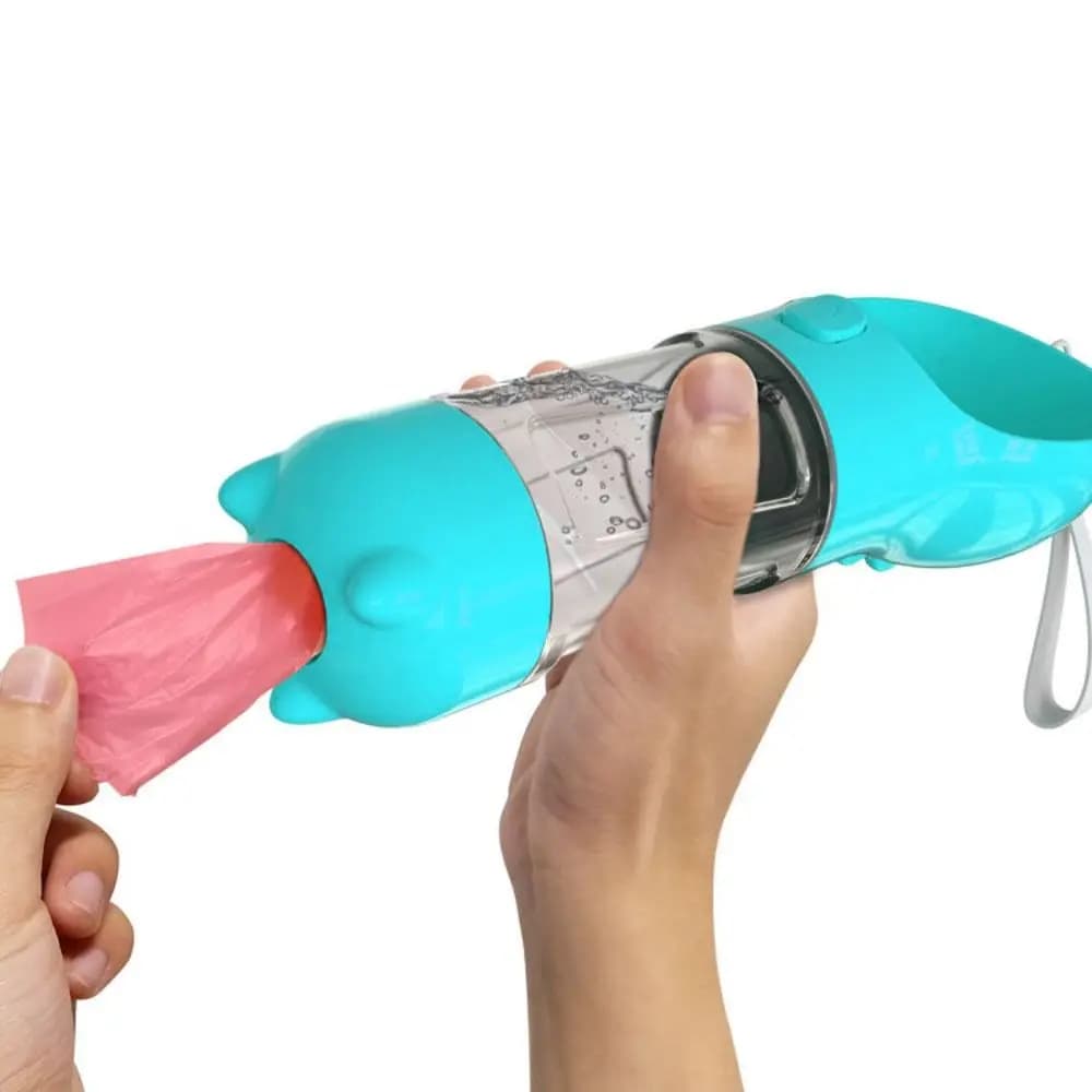 Distributore di cibo per acqua per animali domestici da 300/500 ml con scatola per sacchetti della spazzatura e pala Bottiglia d'acqua per cani a prova di perdite 3 in 1 Alimentatore per cibo per cani da esterno