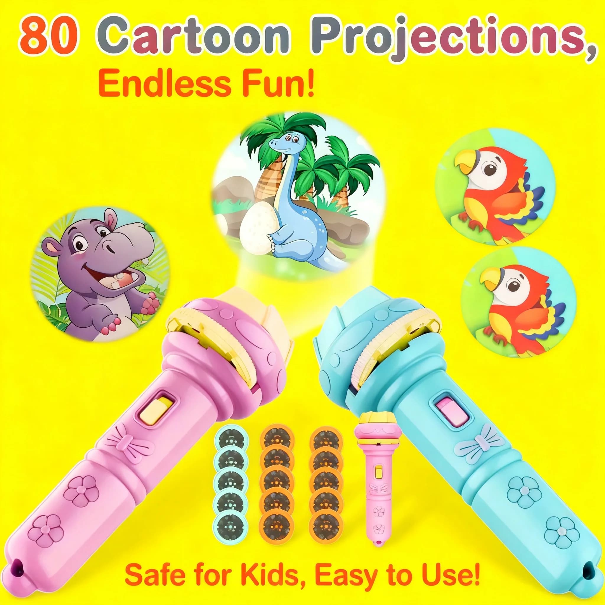 Torcia Proiettore con 80 Motivi Cartoon e 10 Carte, Giocattolo Creativo per Bambini, Proiettore di Storie per la Buonanotte, Torcia Giocattolo per Neonati