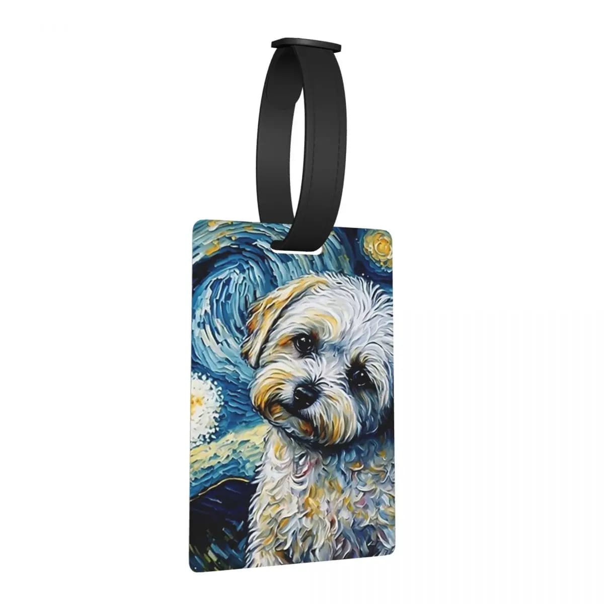 Etichette per bagagli con cucciolo di terrier maltese, notte stellata, accessori per valigie, etichetta per bagaglio da viaggio, porta etichette per identificazione, nome, indirizzo