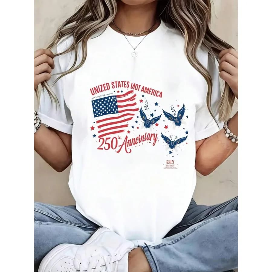 【Nuovo arrivo】 T-shirt casual bianca con stampa della bandiera patriottica e delle aquile per il 250° anniversario degli Stati Uniti