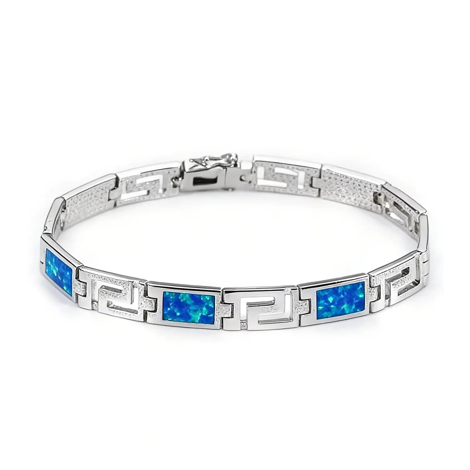 Bracciale di lusso con opale blu e motivo a chiave greca per donna, gioiello vintage delicato, bracciale a strati, regalo per ogni occasione speciale.