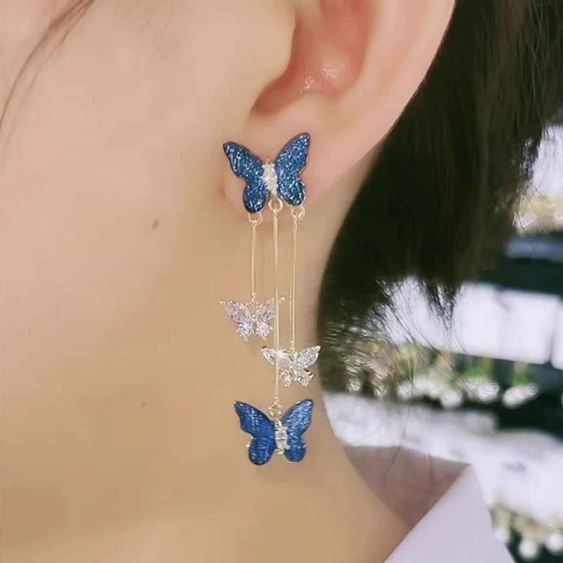 Orecchini pendenti lunghi a farfalla blu viola in argento 925 per donna, gioielli di tendenza 2026, nuovi orecchini coreani con cristalli a goccia