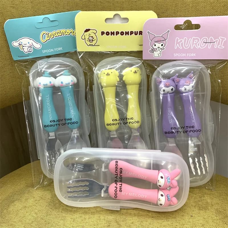 Stoviglie portatili per bambini Cartoon Hello Kitty Anime Cinnamoroll My Melody Kuromi Set forchetta e cucchiaio in acciaio inossidabile 304