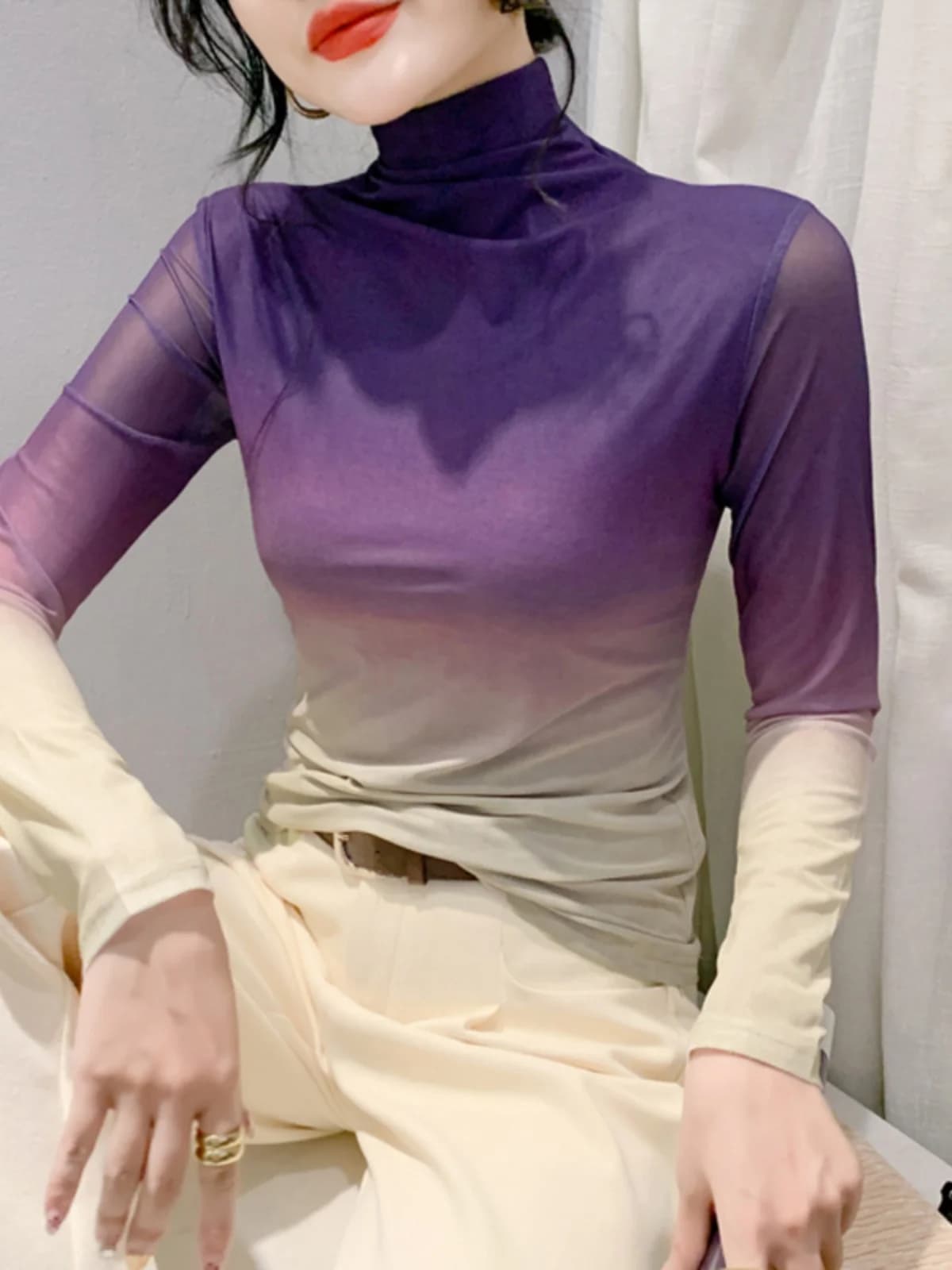 Maglia a Collo Alto in Rete per Donna, Slim Fit, con Stampa Sfumata, Stile Street Fashion, Abbigliamento Interno Autunno-Inverno