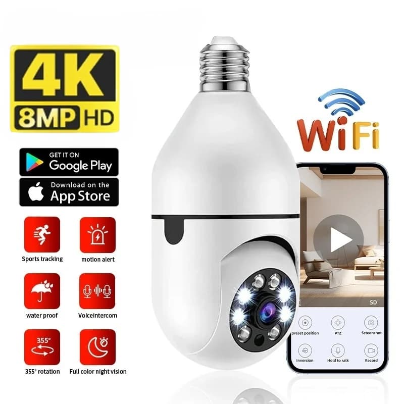Lampadina E27 da 8 MP Telecamera WiFi Lampadina Telecamera di sicurezza Video sorveglianza Baby Monitor Supprt Audio bidirezionale Rilevazione umanoide AI