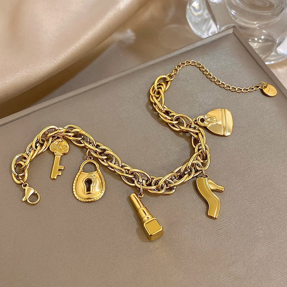 Greatera Chiave con lucchetto Martello Tacchi Pandent Bracciale da donna Moda Colore oro Luce Catena di lusso Chiusure ad artiglio di aragosta Gioielli di design