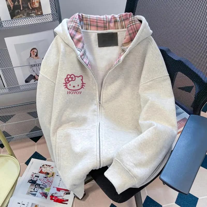 Felpe con cappuccio da donna Hello Kitty Kawaii Cartoon Student Autunno manica lunga con cerniera Top Abbigliamento donna Capispalla Nuovo caldo