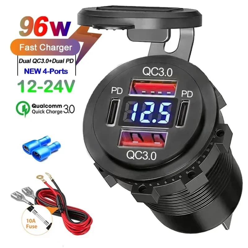 PD QC3.0 Dual USB Car Motor Charger with Voltmeter Adapter for 12 V/24 V Auto Boat Motorcycle Truck