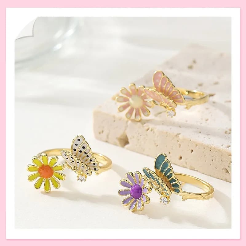 Anello da donna regolabile con farfalla e fiore smaltato, stile francese, lusso leggero, alla moda, fresco e non sbiadisce