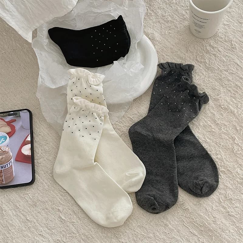 1/3 paia di calzini eleganti e semplici in pizzo con piccoli pois rotondi, calzini da donna versatili a tubo centrale, comodi e casual