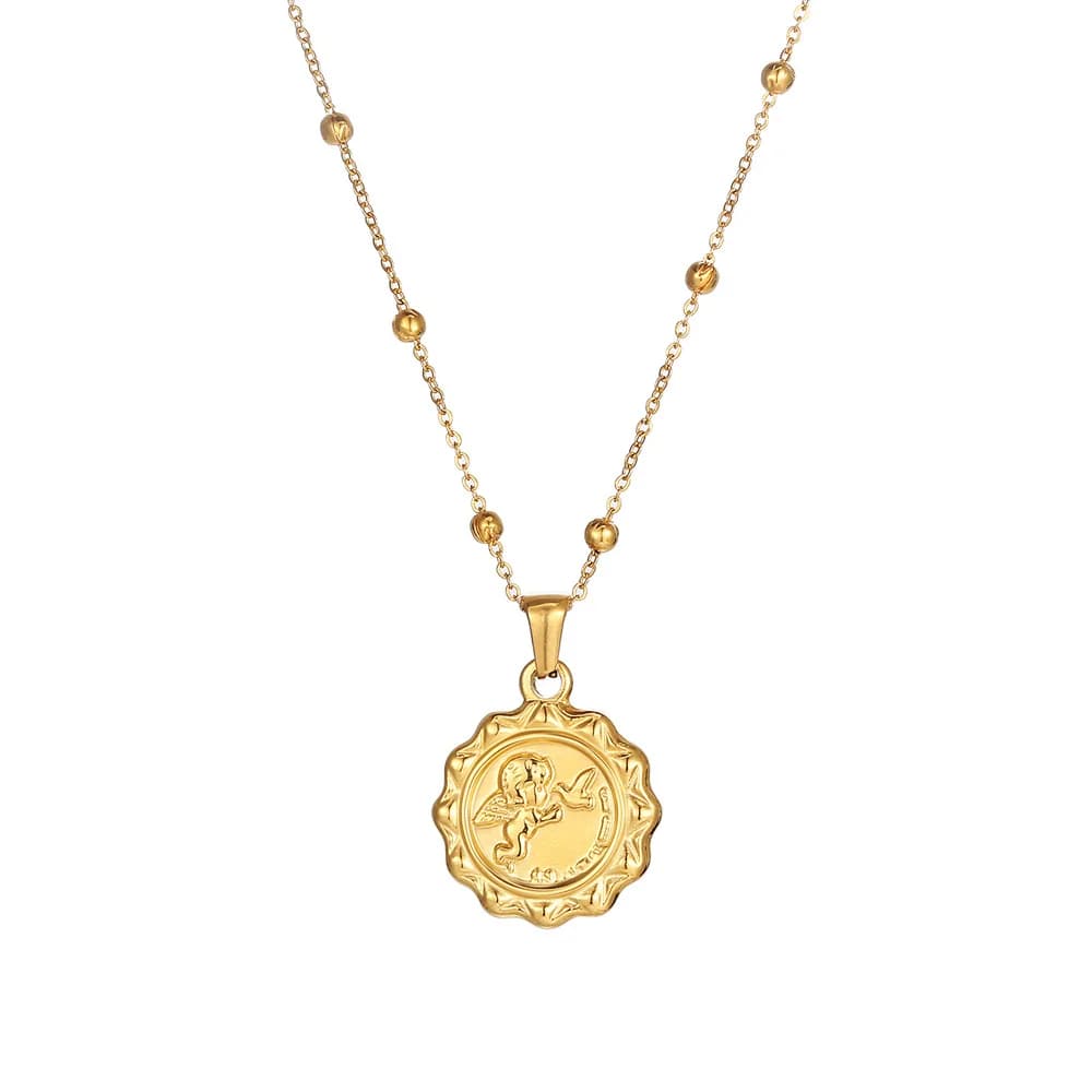 Stainless Steel Women Delicate Elizabeth Cupid Double Side Portrait Round Pendant Necklace Coin Jewelry