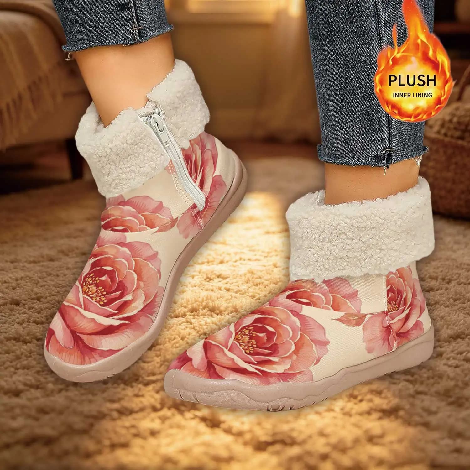Watercolor Pink Rose Side Zip Fleece Warm Ankle Boots
