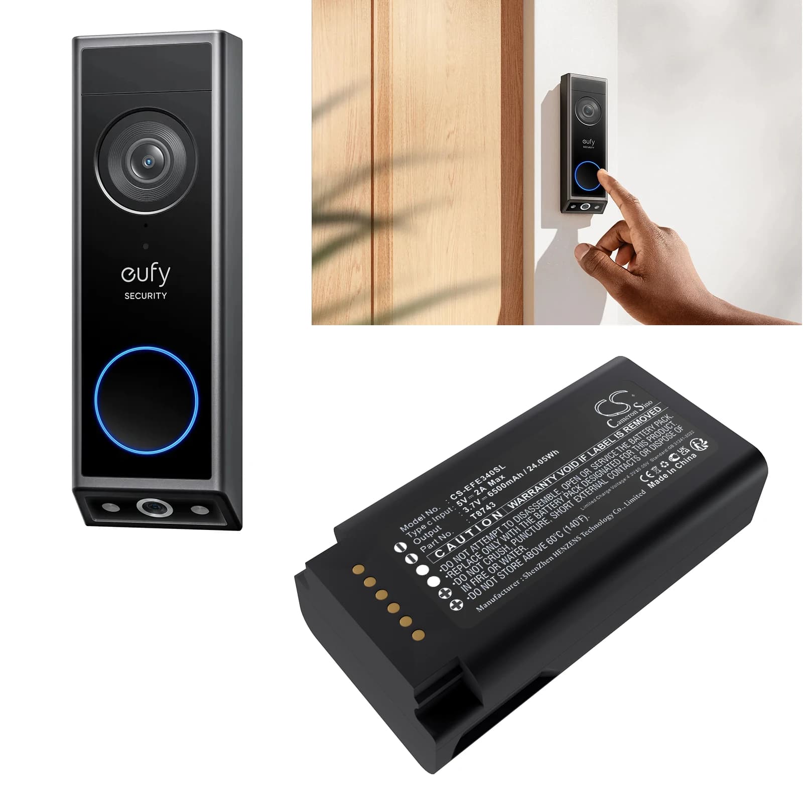 Batteria di ricambio 3.7V 6500mAh T8743 per telecamera di sicurezza domestica Eufy Video Doorbell E340