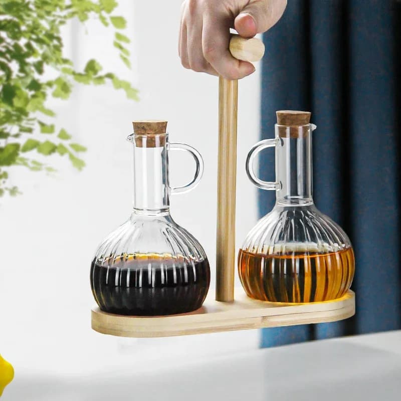 Set of 2 300ml Glass Olive Oil and Vinegar Dispenser Bottle with Wood Holder for Kitchen Restaurant,Seasoning Gadget Accessories