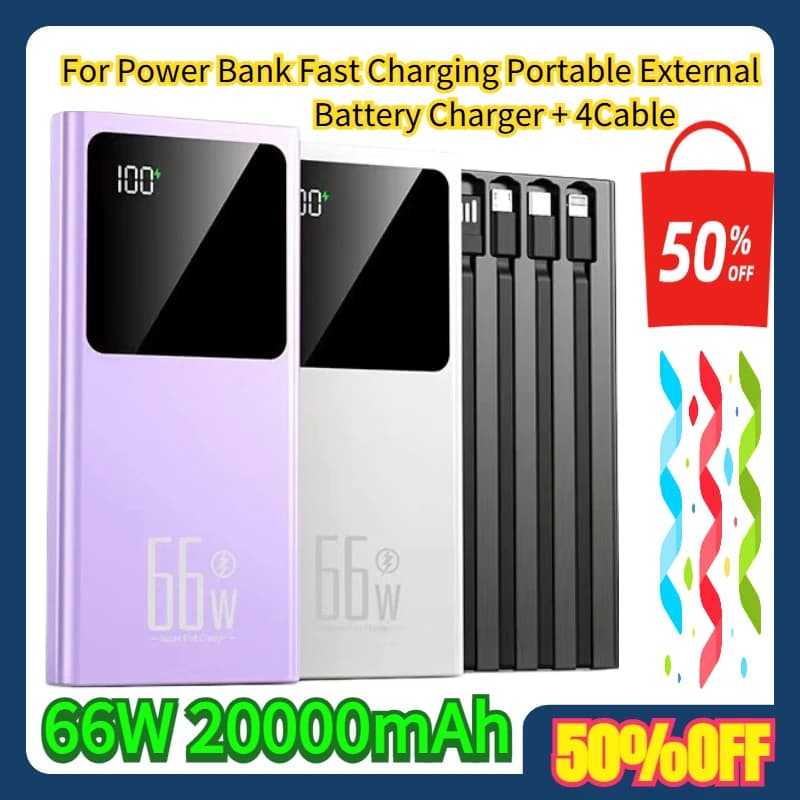 For 66W 20000mAh Power Bank Fast Charging Portable External Battery Charger + 4Cable