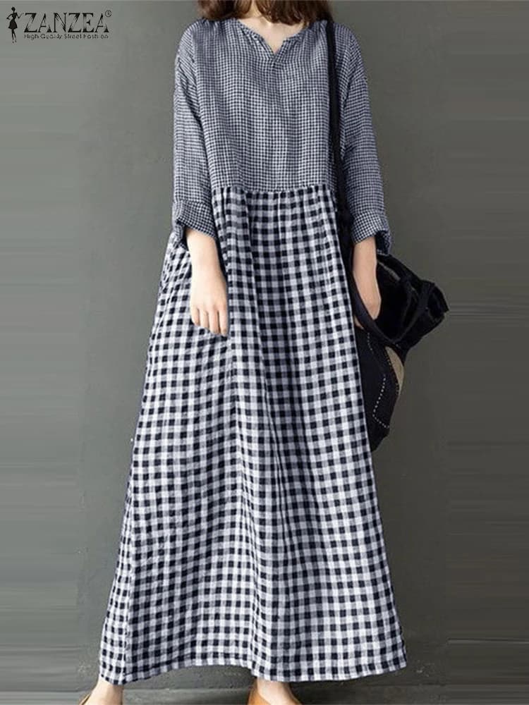 ZANZEA Casual Spring Long Sleeve Checked Dresses Women Patchwork Maxi Sundress Elegant Stylish Holiday Work Vestidos Robe Femme