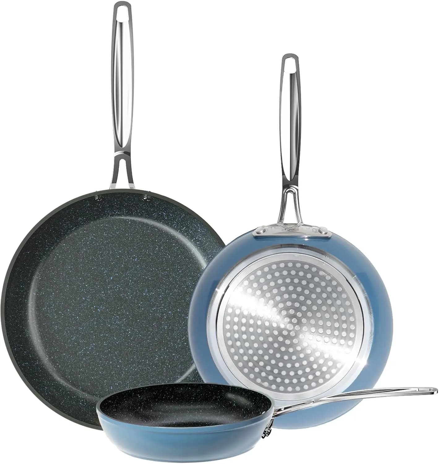 Set of light forged pans from 8”, 10”, 12” in 3 pieces, G10 Healthy Duralon Blue Ceramic Ultra Non-stick, Ergonomic Stay-Cool H