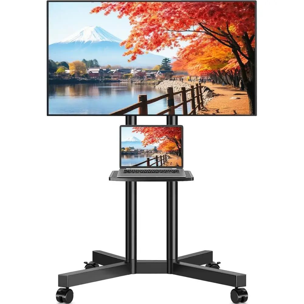 Carrello TV Mobile Regolabile in Altezza per TV da 32-75 Pollici, Ripiano per Laptop, Supporto Portatile per Uso Interno ed Esterno