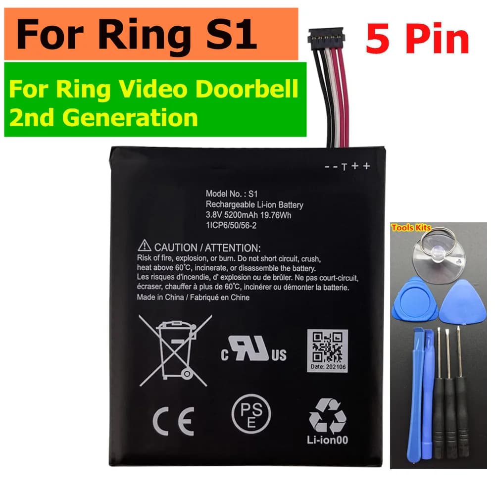 S1 5200mAh per Ring S1 Video Doorbell 2a generazione Nuova batteria sostitutiva
