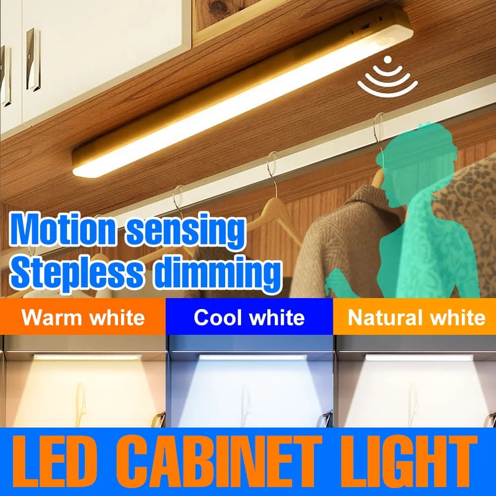 LED Cabinet Lamp PIR Motion Sensor Indoor Nightlight Rechargeable Portable Light Bar Stairs Room Closet Wardrobe Lighting