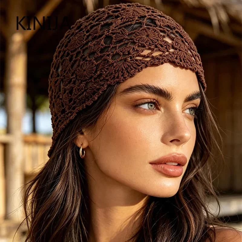 Handmade Crochet Hollow Head Hat Spring and Summer Retro Casual Turban Fashion Melon Leather Mesh Cap Beanies Cap Korean