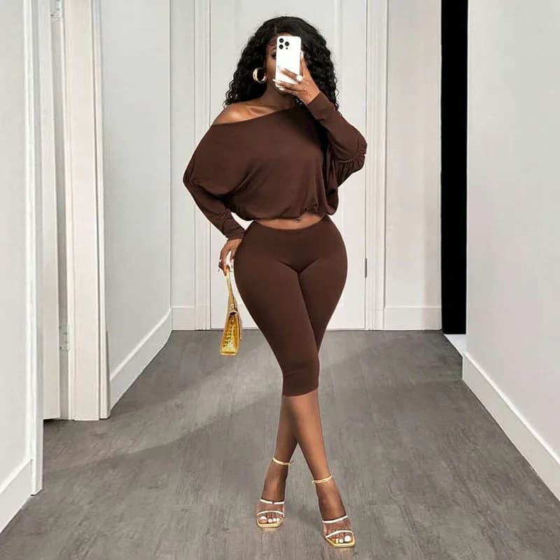 Sexy Off Shoulder Woman Two Piece Set Party Club Wear Long Sleeve Loose Crop Top and Calf-length Pants Matching Sets Outfit