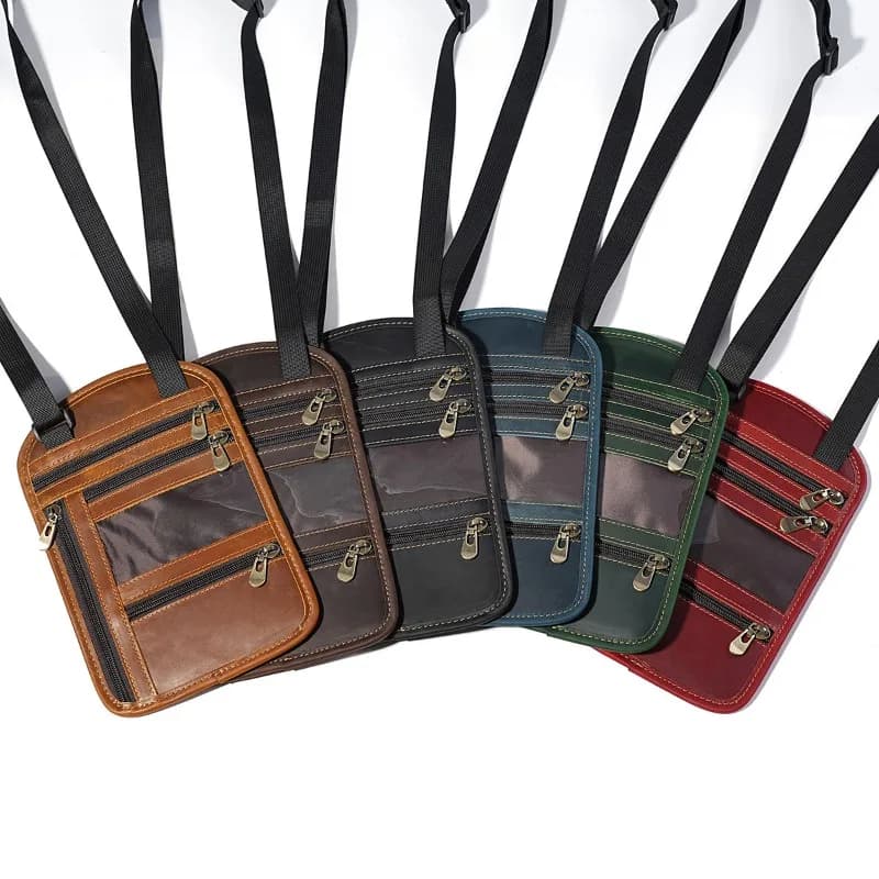 Borsa da Collo Unisex in Vera Pelle per Passaporto, Portafoglio Organizzatore da Viaggio e Business per Uomo con Tasche Multiple per Passaporto, Carte e Contanti