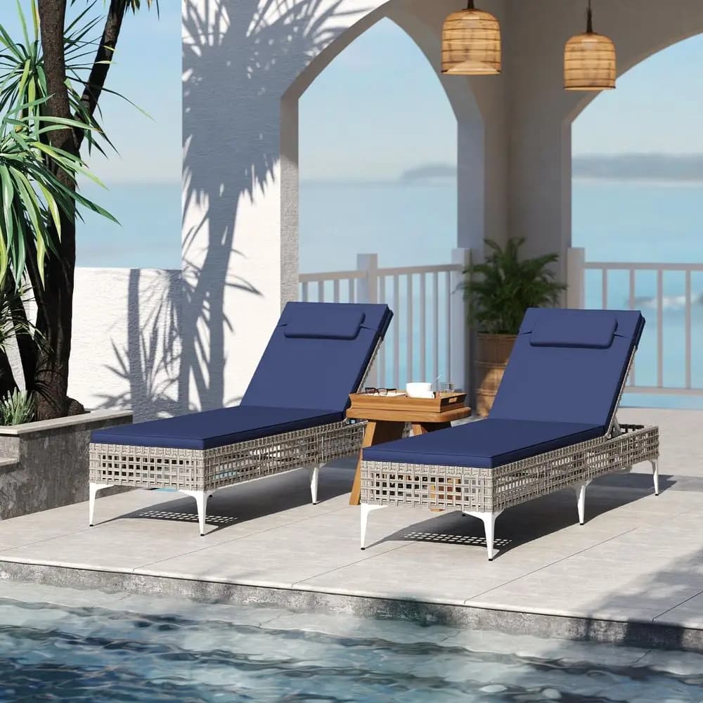 Patio deck chair, reclining sunbed in PE wicker with adjustable backrest at 6 levels, removable headrest, for outdoors