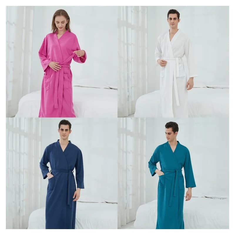 Spring Autumn Couples Waffle pyjamas bathrobe for women and men with waist pockets night sleeve long striped v solid loose