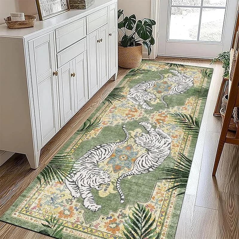Tappeto Runner Antiscivolo Lavabile in Lavatrice Facilmente Pieghevole, Tappetino Verde con Stampa Tigre e Piante, Tappeto a Striscia Lunga per Arredamento Casa