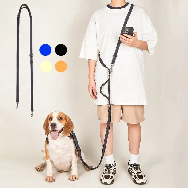 Multi-functional dog steering in Jean fabric Adjustable length Hands free Double head steering for small dogs walking in the race