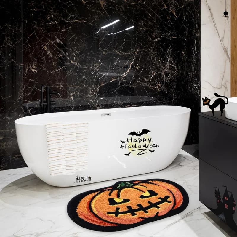 VIKAMA Halloween Pumpkin Head Shaped Bath Mat Soft Fluffy Non‑Slip Water Absorbent Bathroom Floor Mat Holiday Home Decor