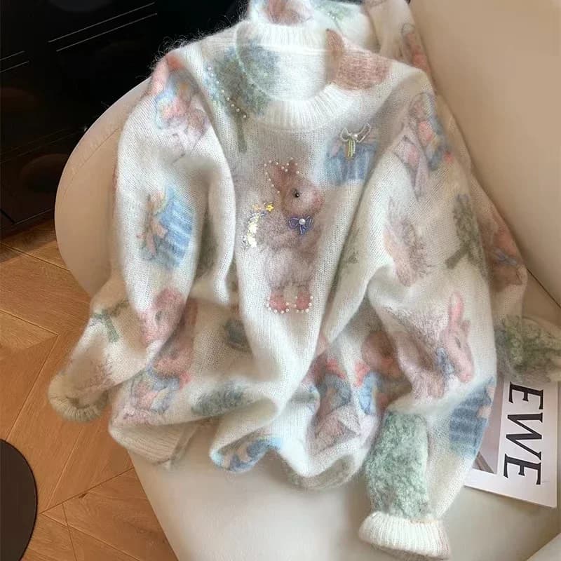 Maglione in mohair con stampa di perline di design da donna 2024 Autunno e inverno Nuovo top lavorato a maglia dolce e morbido ceroso