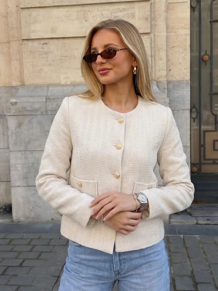 HH Giacca Autunnale da Donna Beige, Testurizzata, Collo Tondo, Manica Lunga, Tasche, Monopetto, Giacca Corta Formale da Ufficio