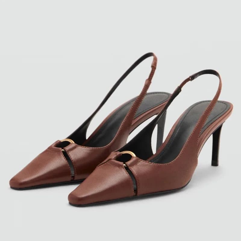 Retro Brown Designer High Heels for Ladies Metal Ring Design Elegant Backless Sandals Sexy Pointed Toe Back Strap Dress Pumps