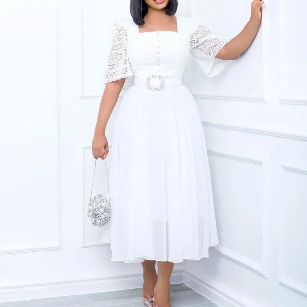 Women White Black Dress Short Sleeves See Through Turn Down Collar Elegant Pleated Buttom Up Modest Midi Robes Classy Large Size