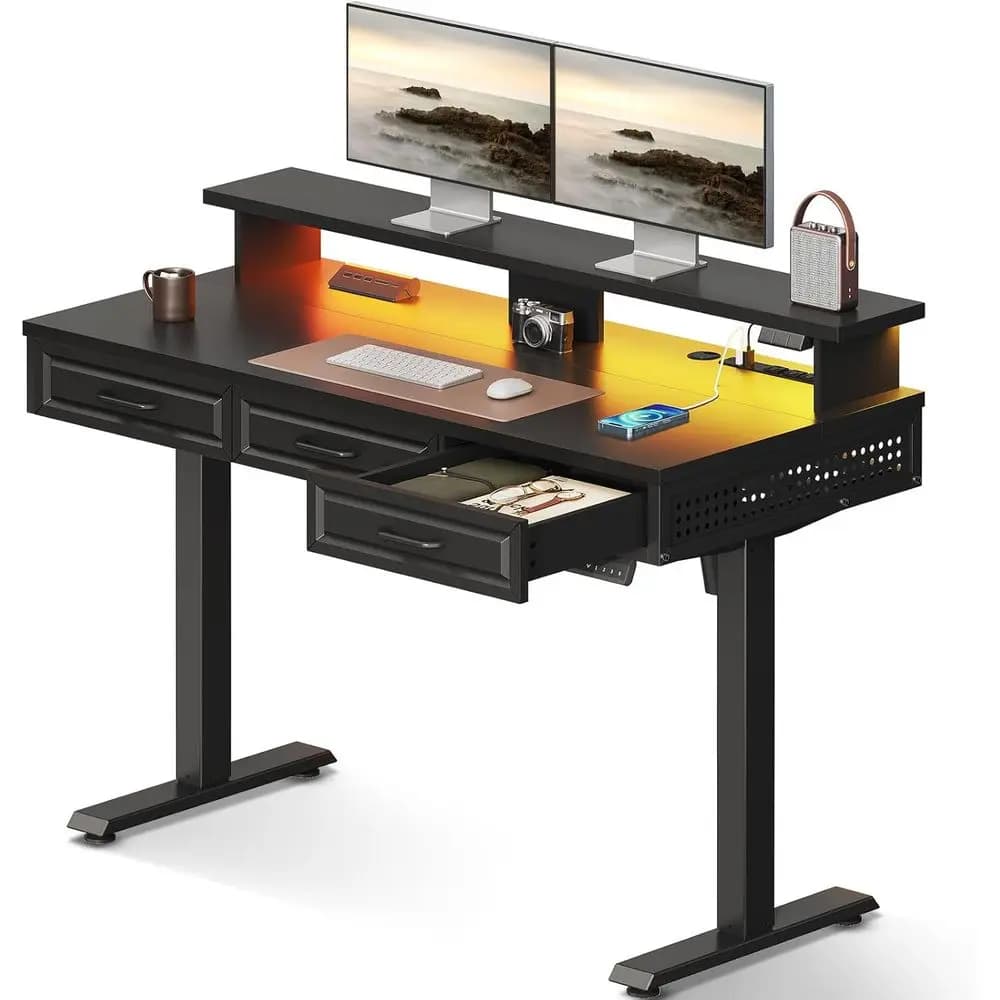 Scrivania in Legno Regolabile in Altezza 48 Pollici con Prese di Corrente, Luci LED e Supporto Monitor per Casa o Ufficio