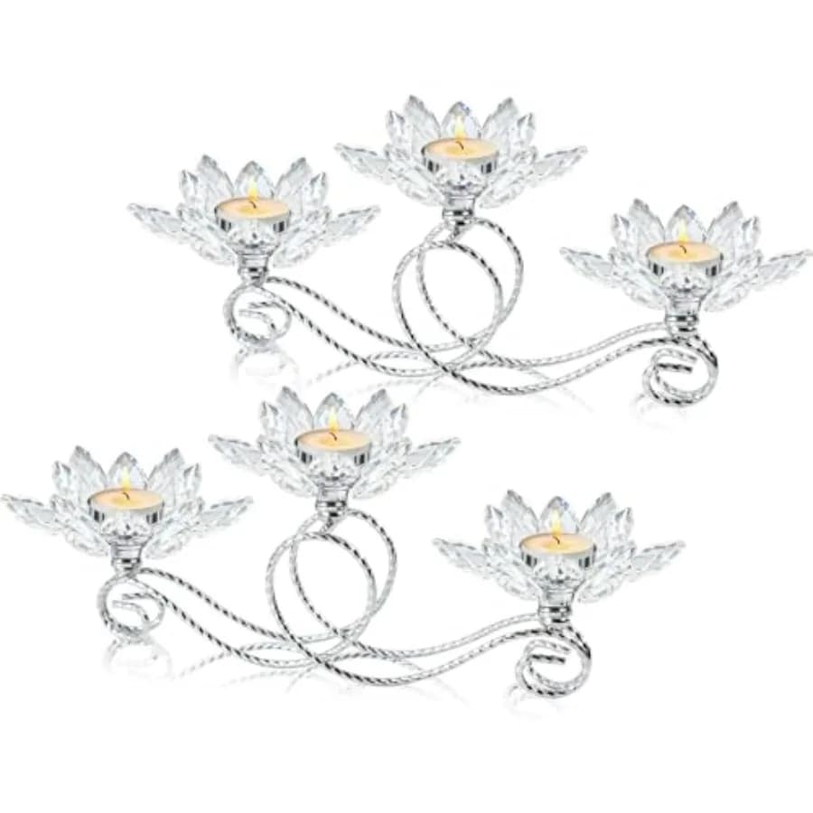 Set di 2 Portacandele in Metallo con Cristalli, Candelabri a 3 Bracci a Forma di Fiore per Centrotavola