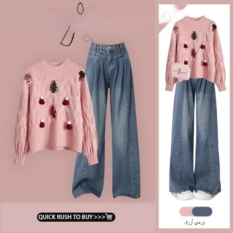 Maglione lavorato a maglia da donna per l'atmosfera natalizia, autunno inverno, girocollo, maniche lunghe, set con jeans lunghi dritti, stile vintage drappeggiato