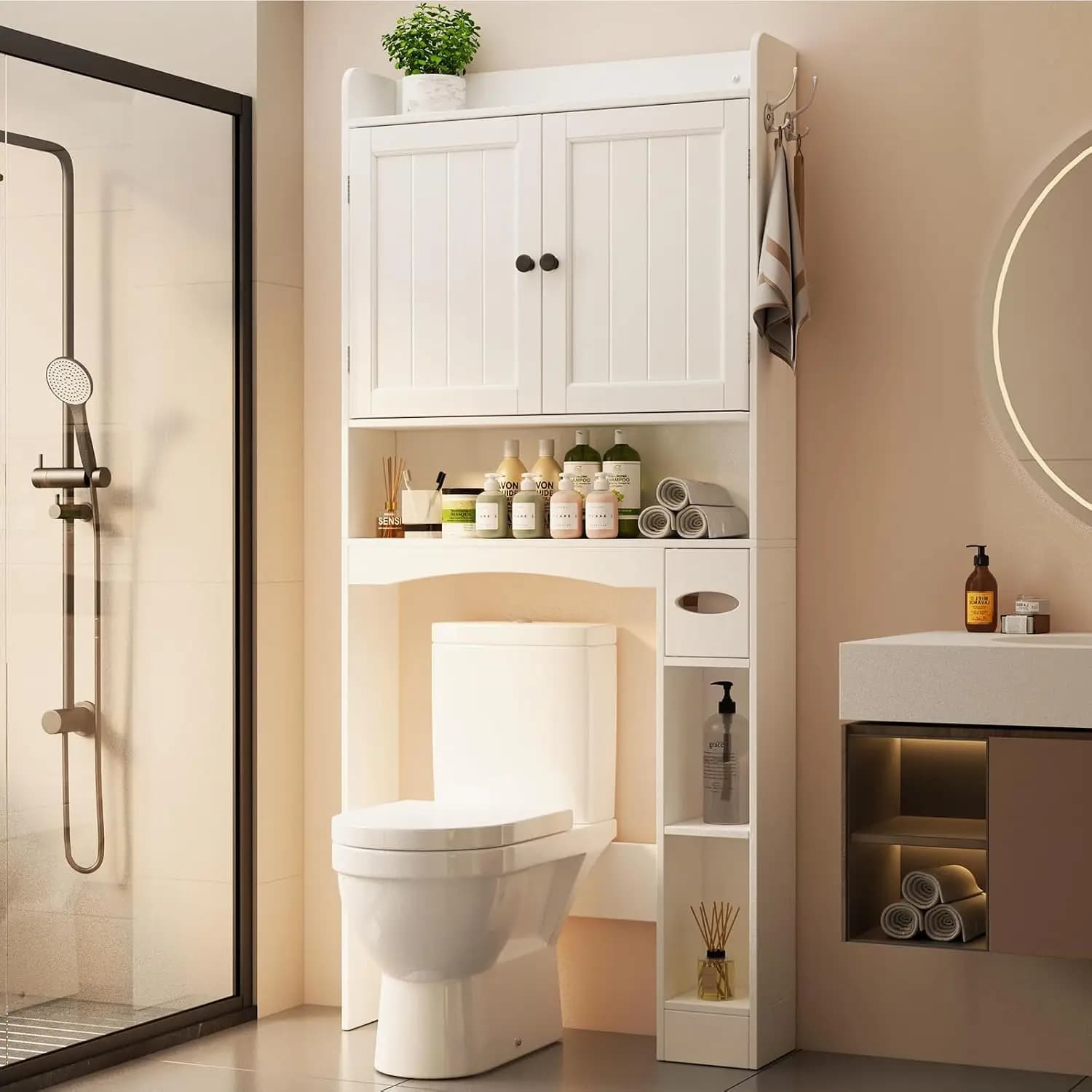 Over The Toilet Storage Cabinet, 32.3" W x 70.3" H Over Toilet Bathroom Organizer with Doors, Adjustable Shelves, Customized
