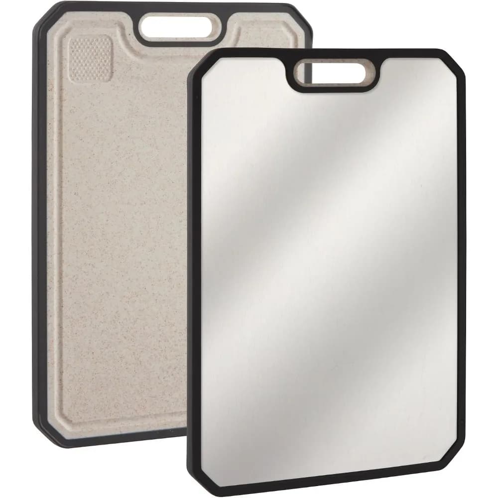 Stainless Steel Chopping Board 38.5 x 26.5 cm Large Double Sided Cutting Board for Kitchen 304 Food-Grade Steel & Wheat Straw PP Easy Clean